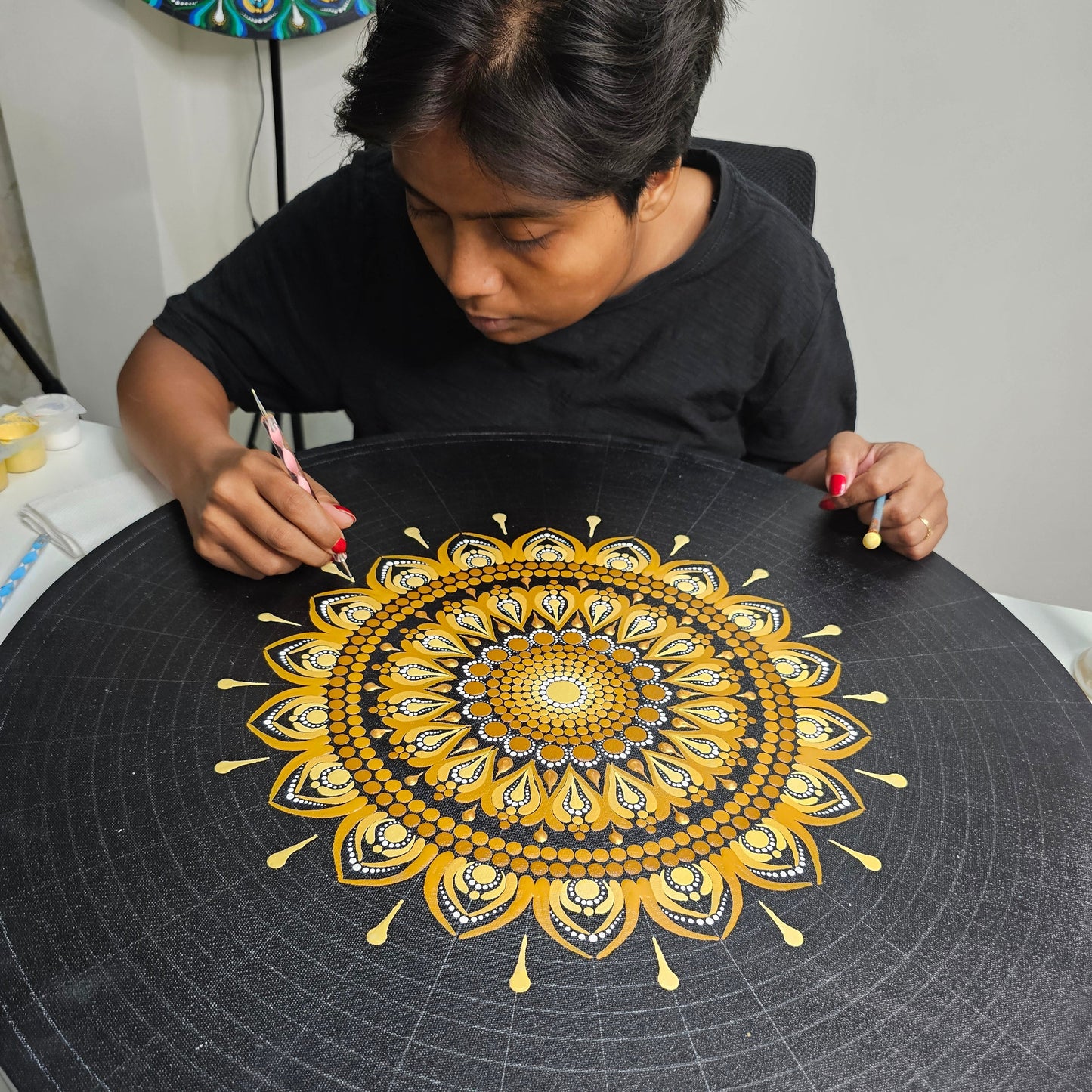 Golden Mandala Art with Black Base I 24 Inch Round Canvas by Hastqala