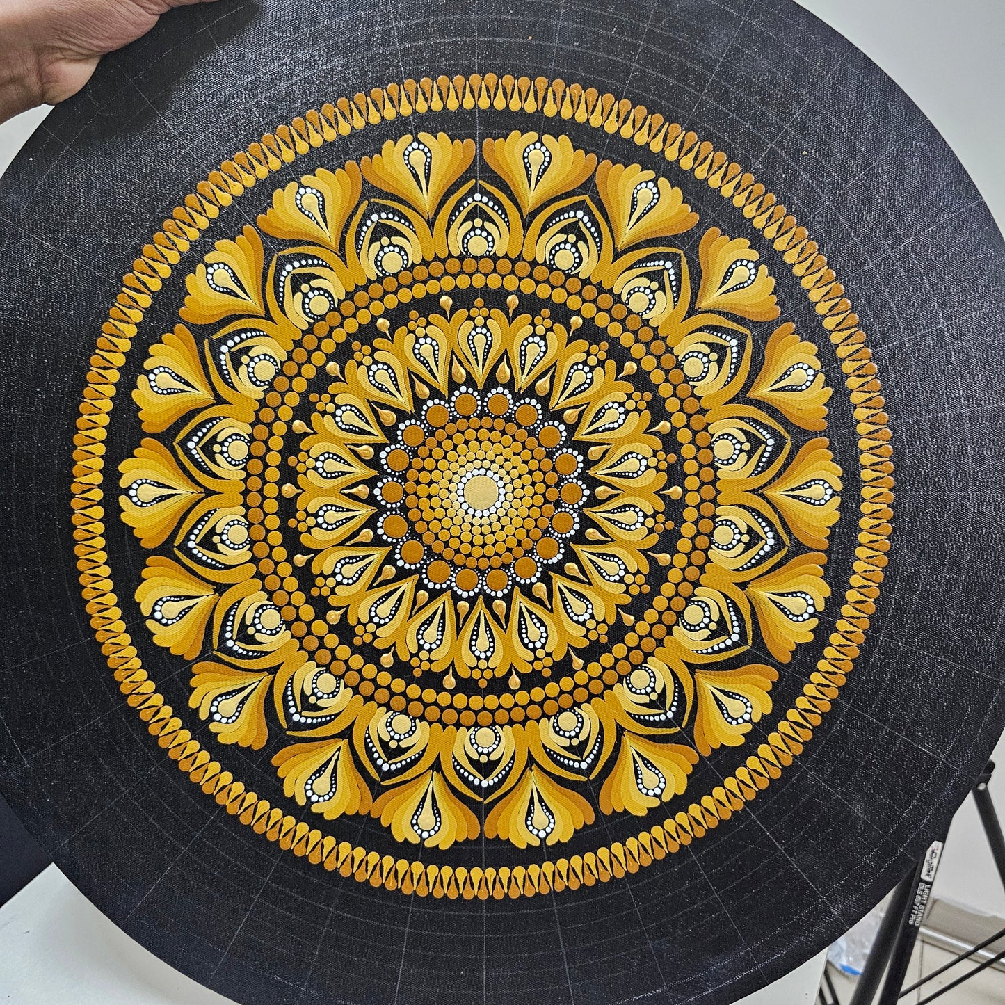 Golden Mandala Art with Black Base I 24 Inch Round Canvas by Hastqala