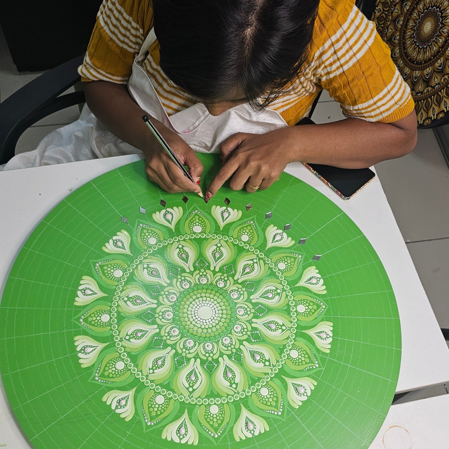 Kelly Green Mandala Art with Green Base I 22 Inch Round Canvas by Hastqala