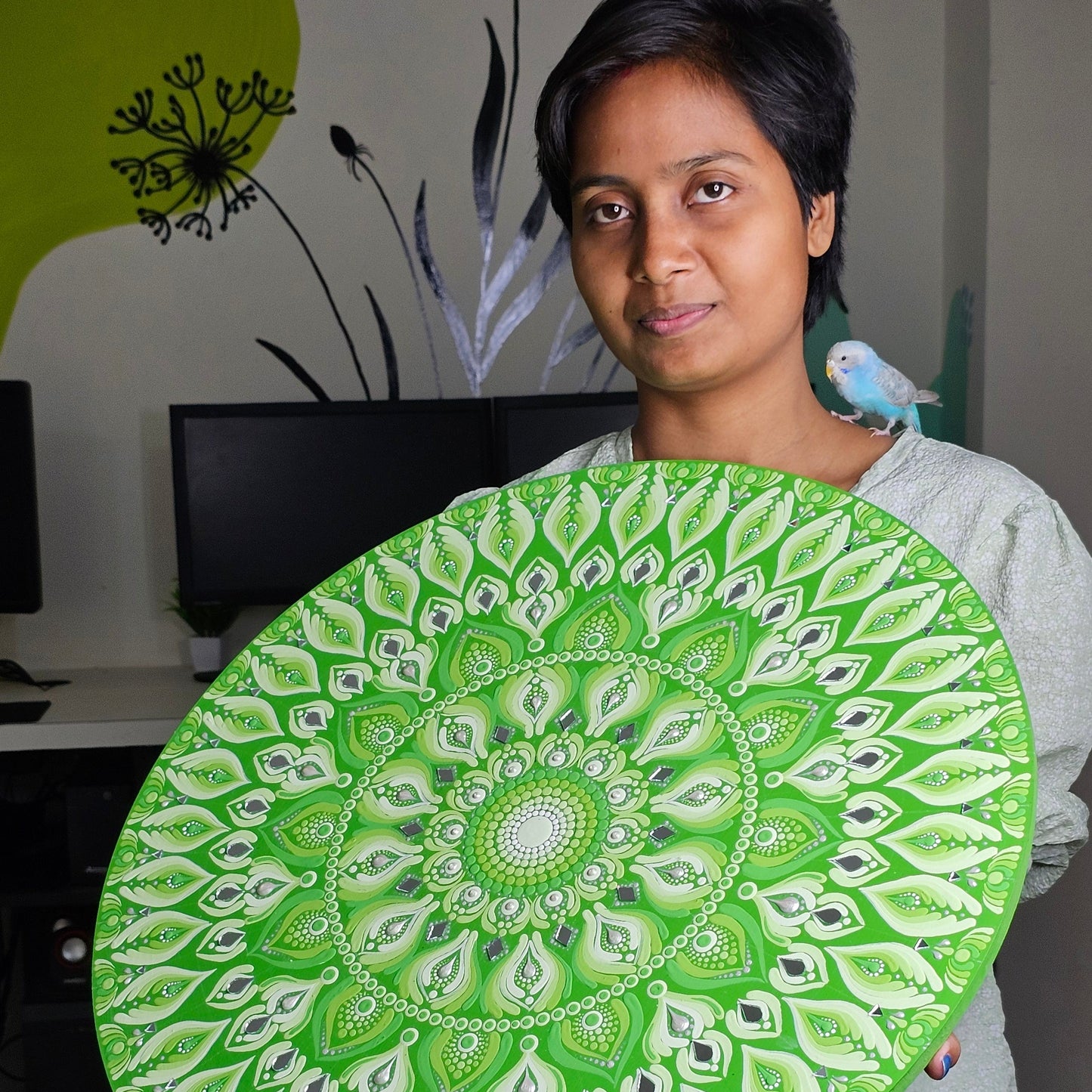 Kelly Green Mandala Art with Green Base I 22 Inch Round Canvas by Hastqala