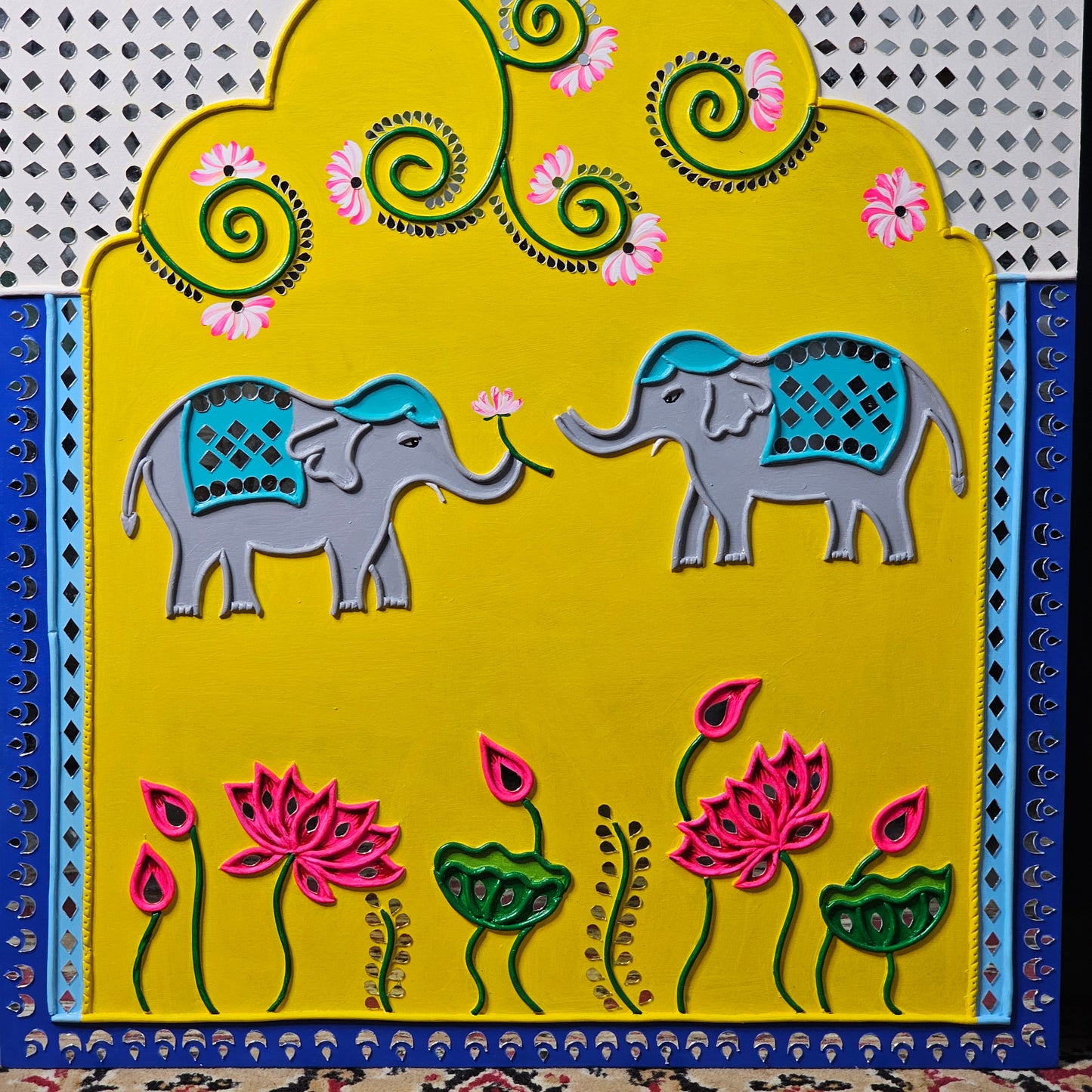 Lippan Art Trio - "Elephants & Lotus Motifs" by Hastqala by Varsha (3 Piece Set)
