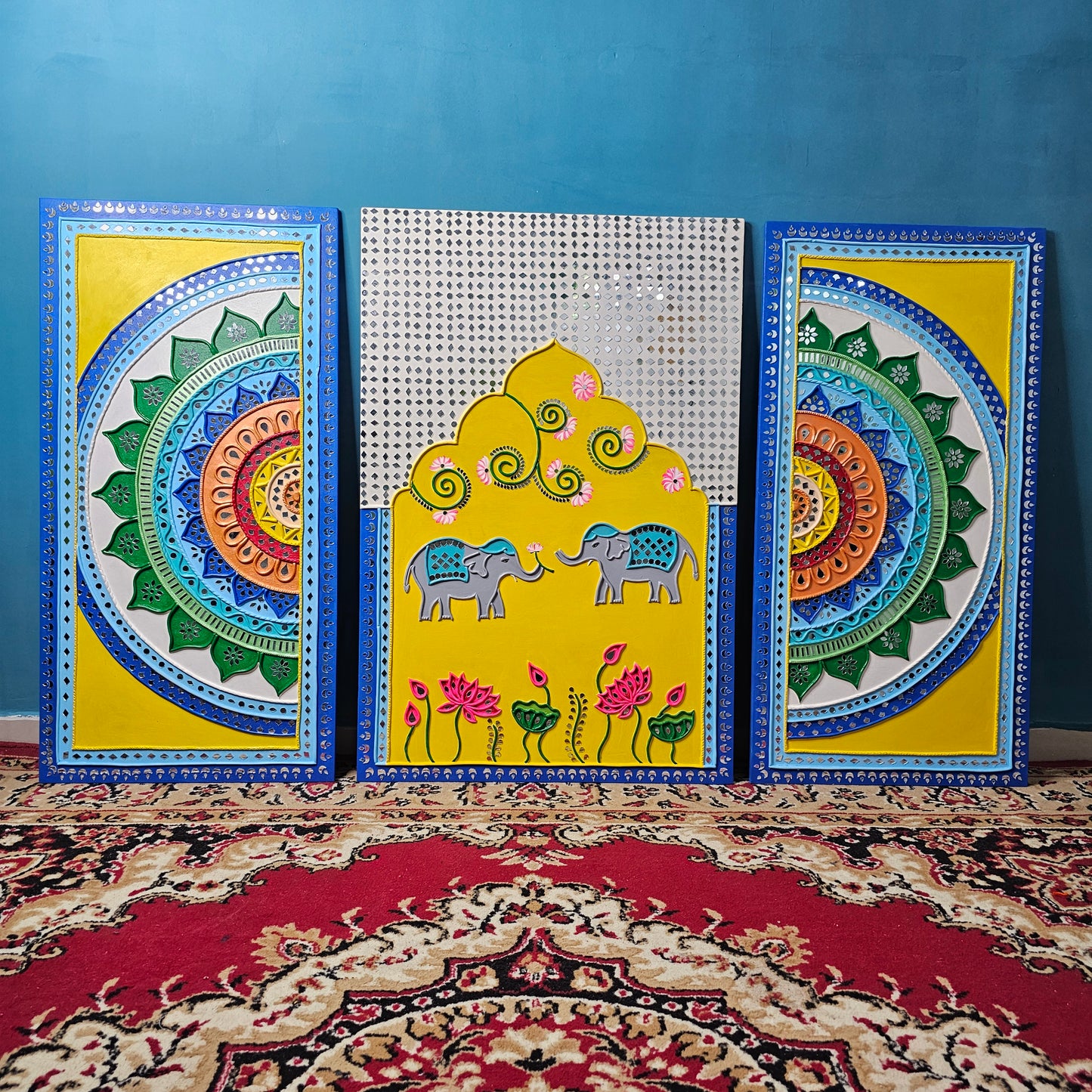 Lippan Art Trio - "Elephants & Lotus Motifs" by Hastqala by Varsha (3 Piece Set)