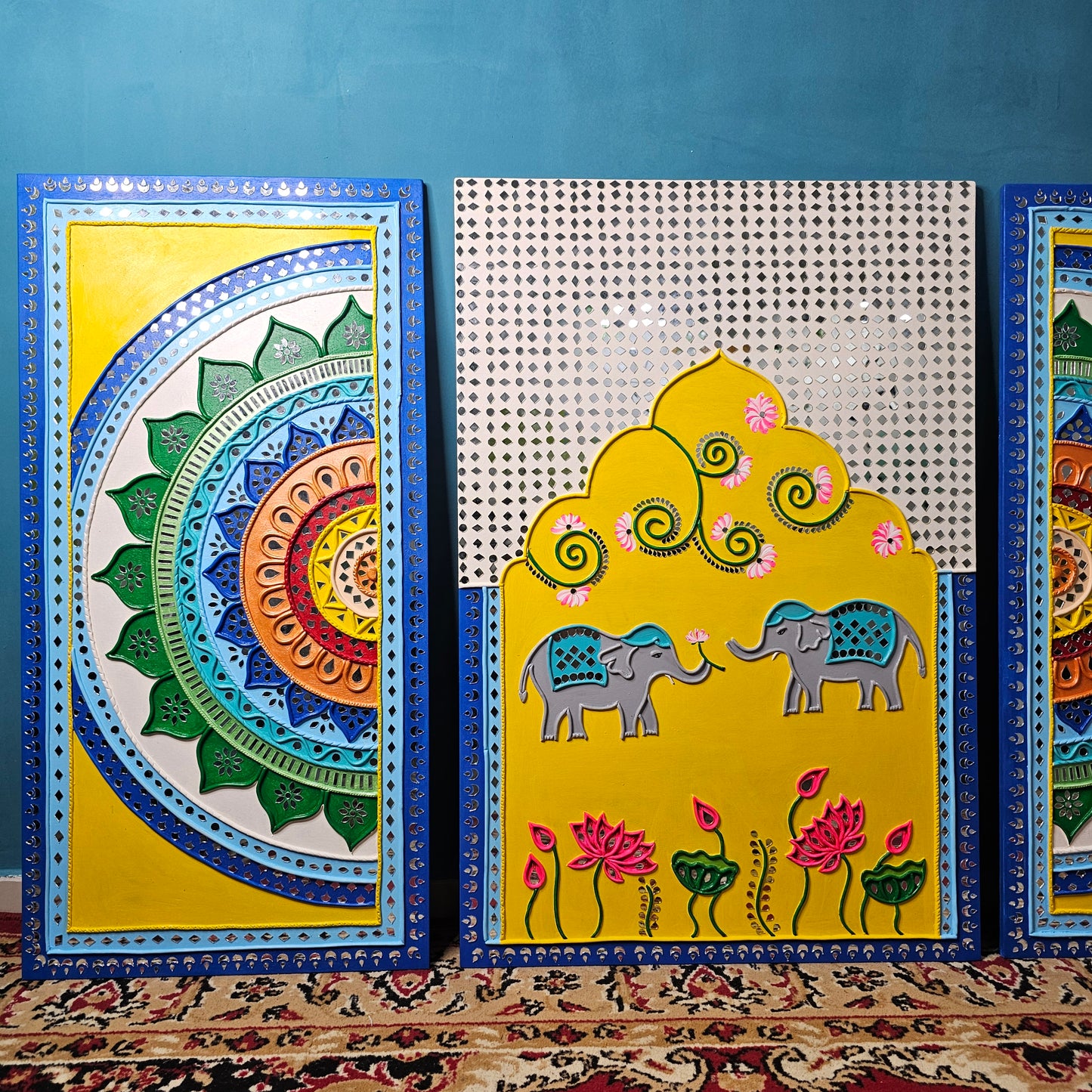 Lippan Art Trio - "Elephants & Lotus Motifs" by Hastqala by Varsha (3 Piece Set)