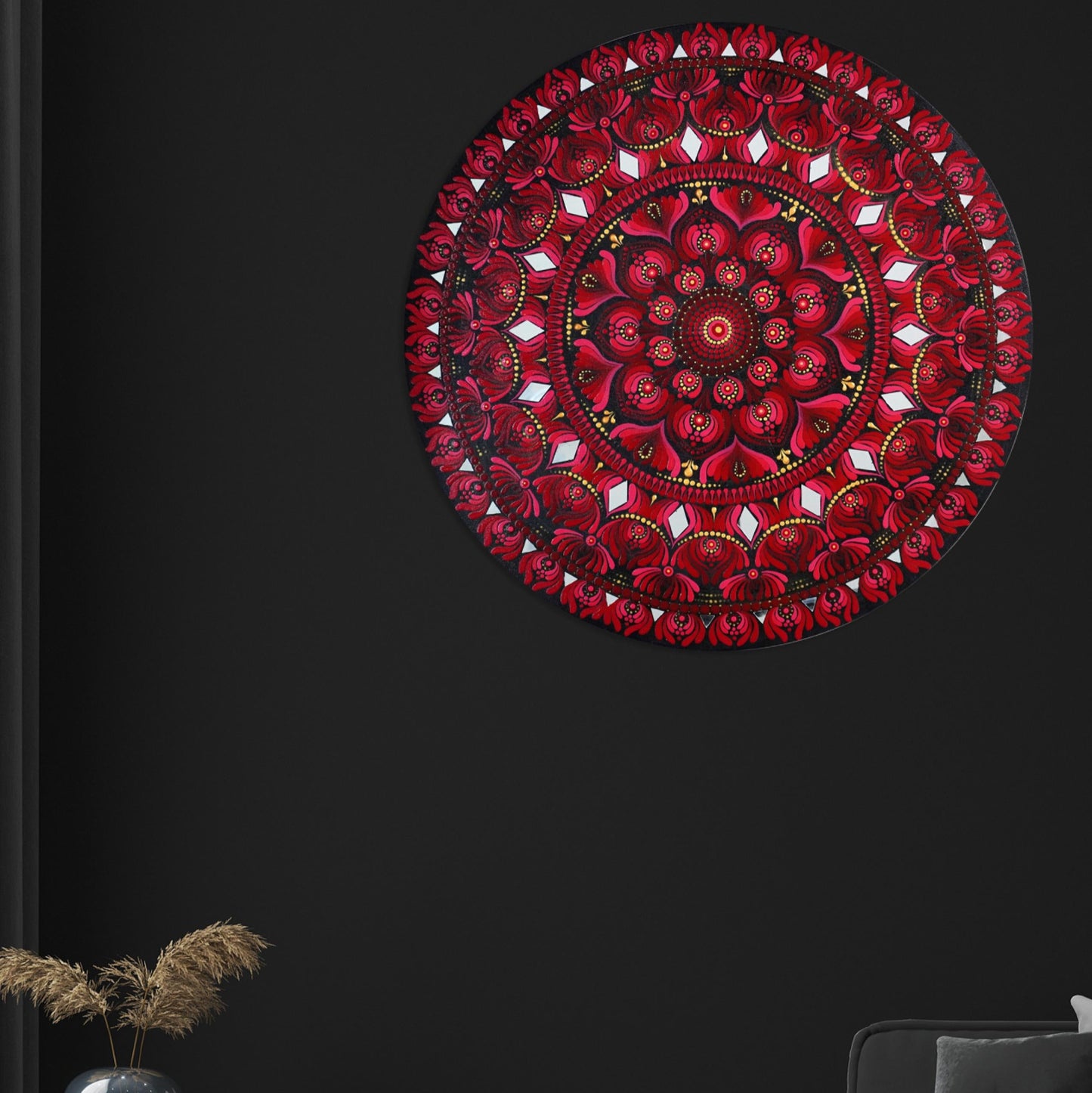 Red & Maroon Mandala Art I 24 Inch Round Canvas by Hastqala