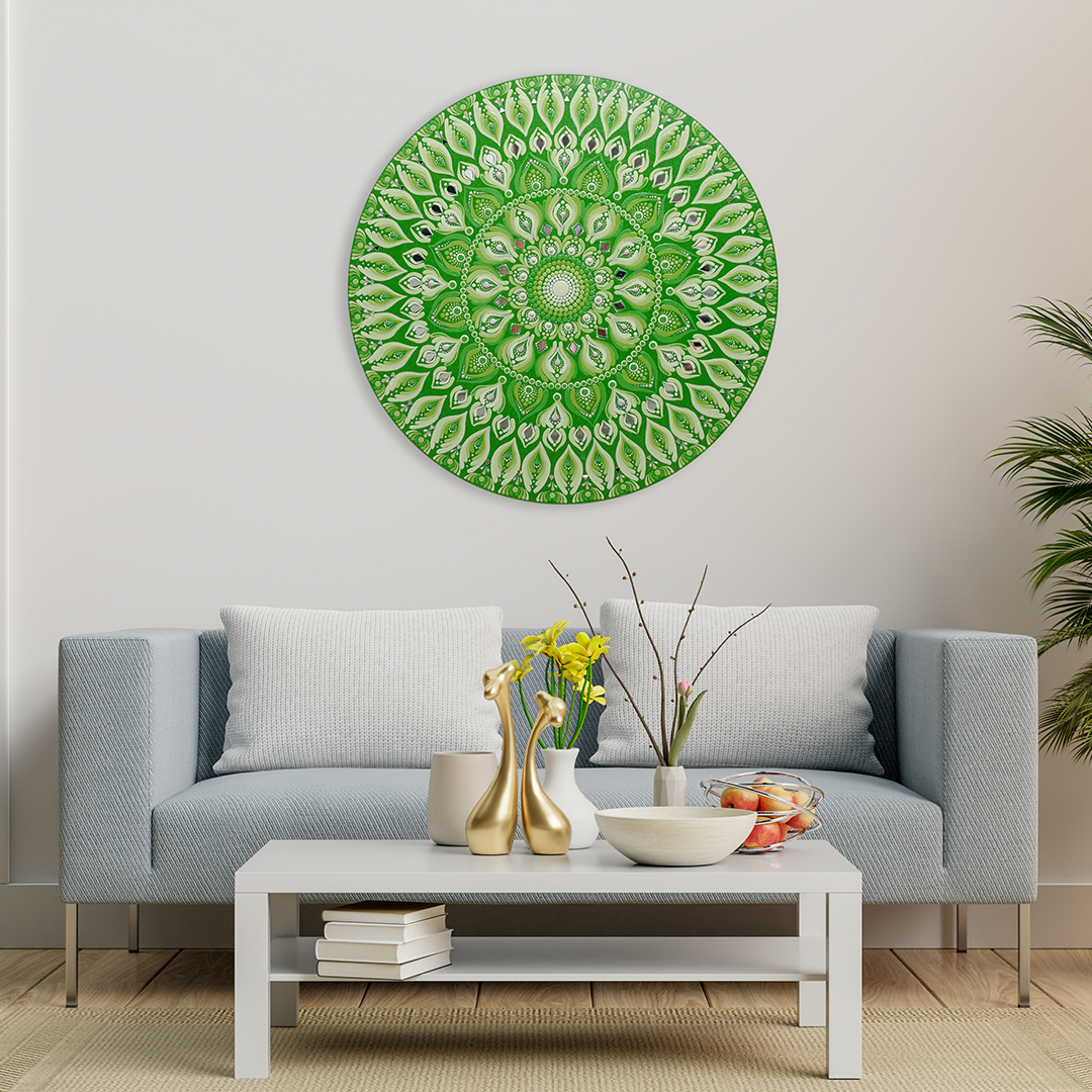 Kelly Green Mandala Art with Green Base I 22 Inch Round Canvas by Hastqala