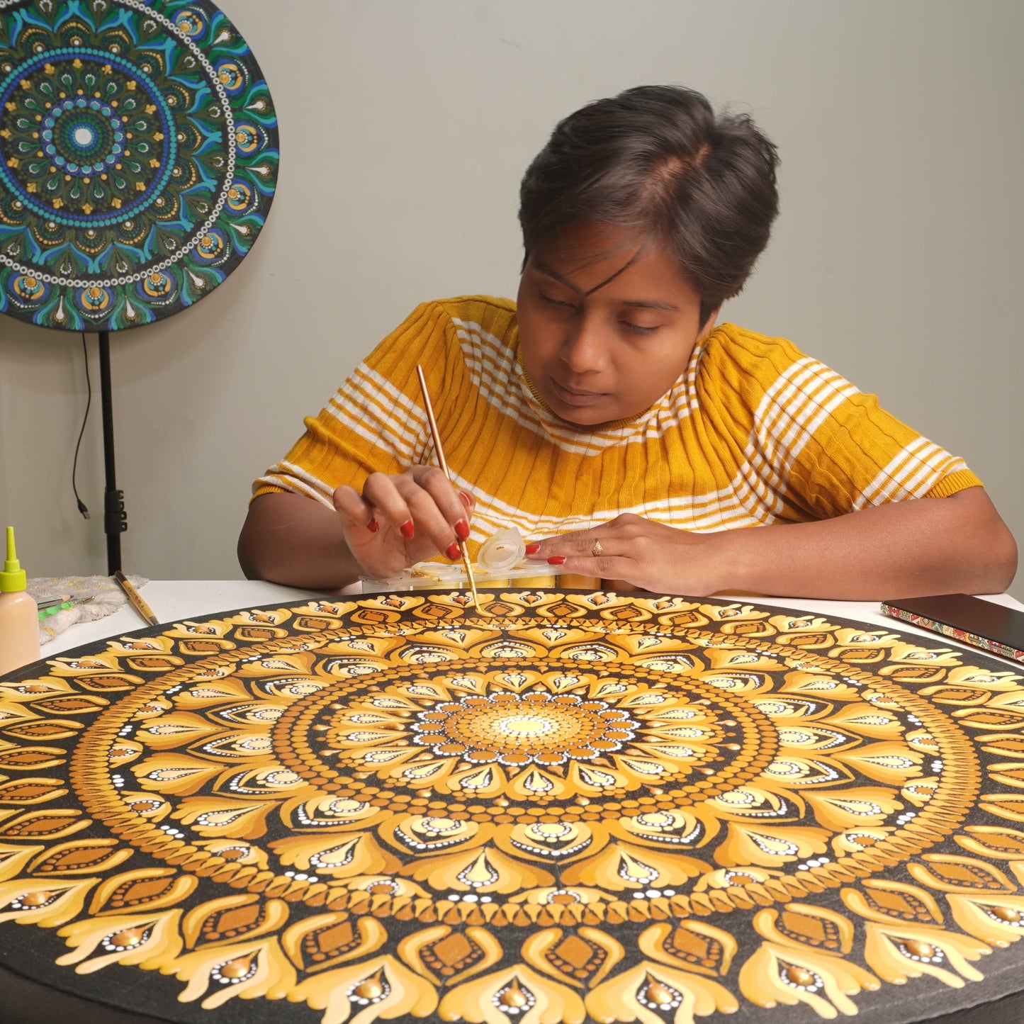 Golden Mandala Art with Black Base I 24 Inch Round Canvas by Hastqala