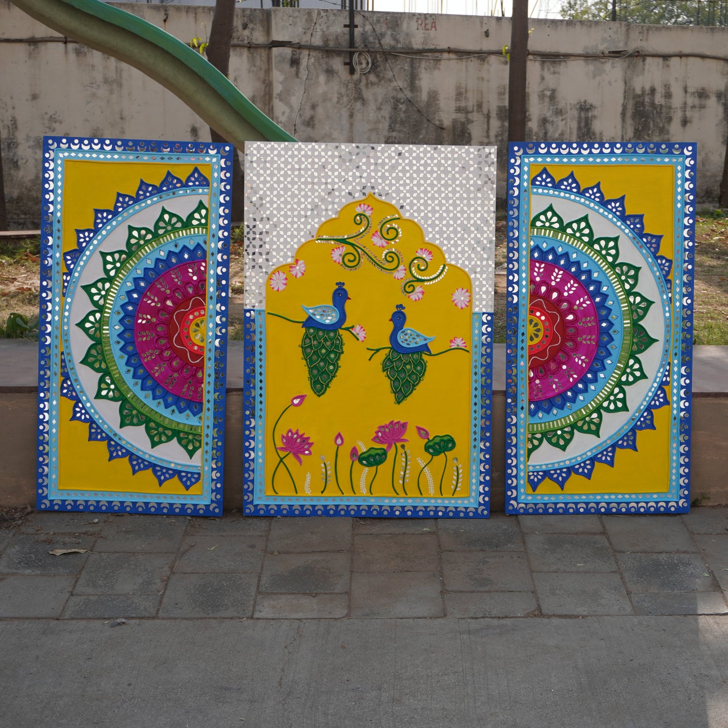 Handpainted Peacock Lippan Art - 3 Piece Set (1.5x3 ft, 2x3 ft, 1.5x3 ft)