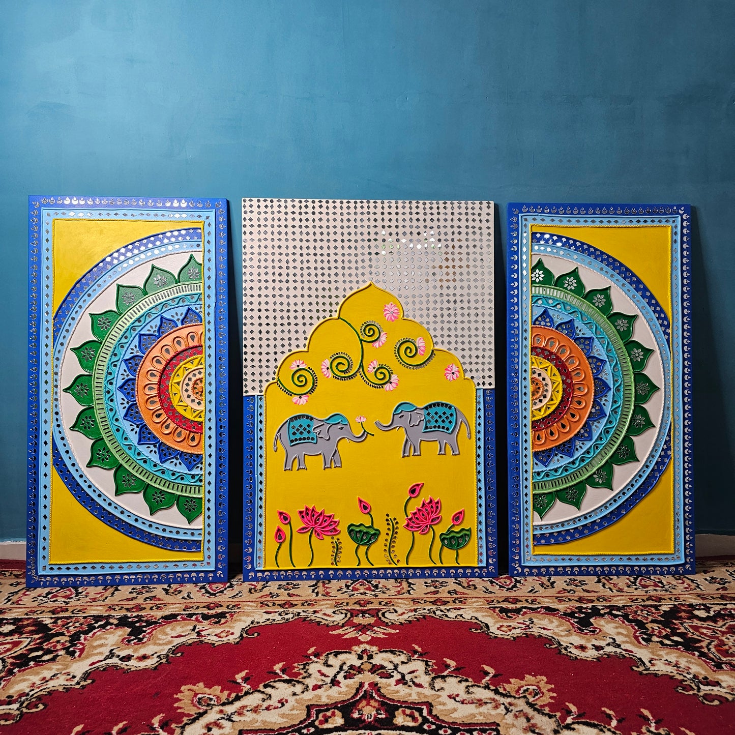 Lippan Art Trio - "Elephants & Lotus Motifs" by Hastqala by Varsha (3 Piece Set)